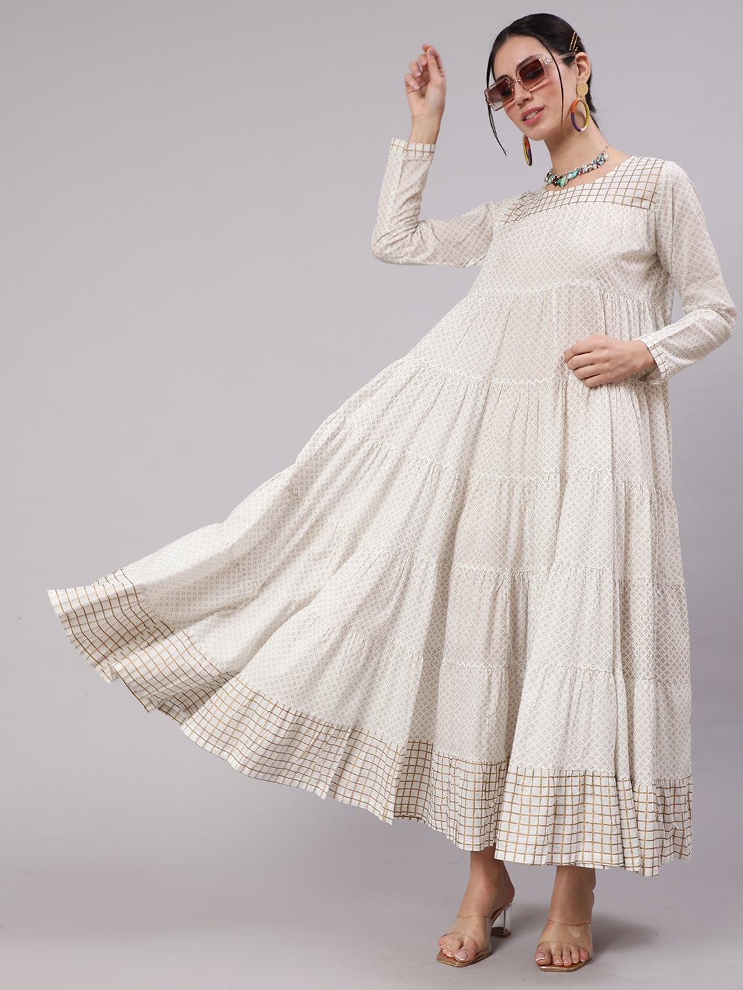 White Gold Print Tiered Maxi Dress - Elganza