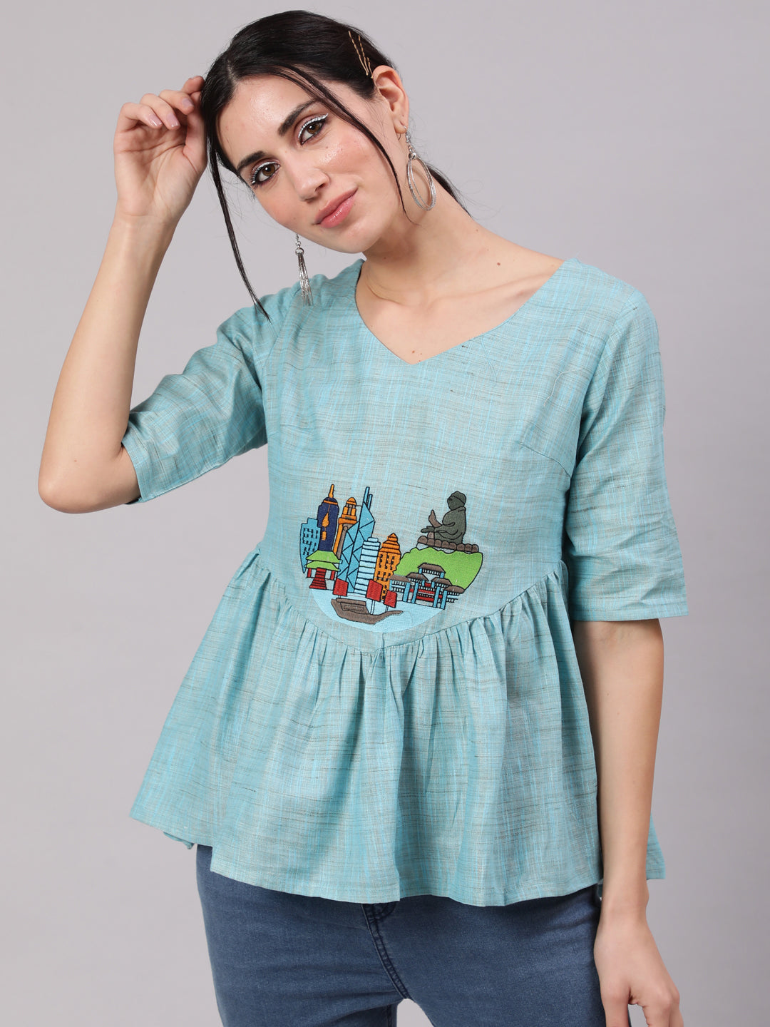 Blue Singapore Embroidered Tunic - Elganza