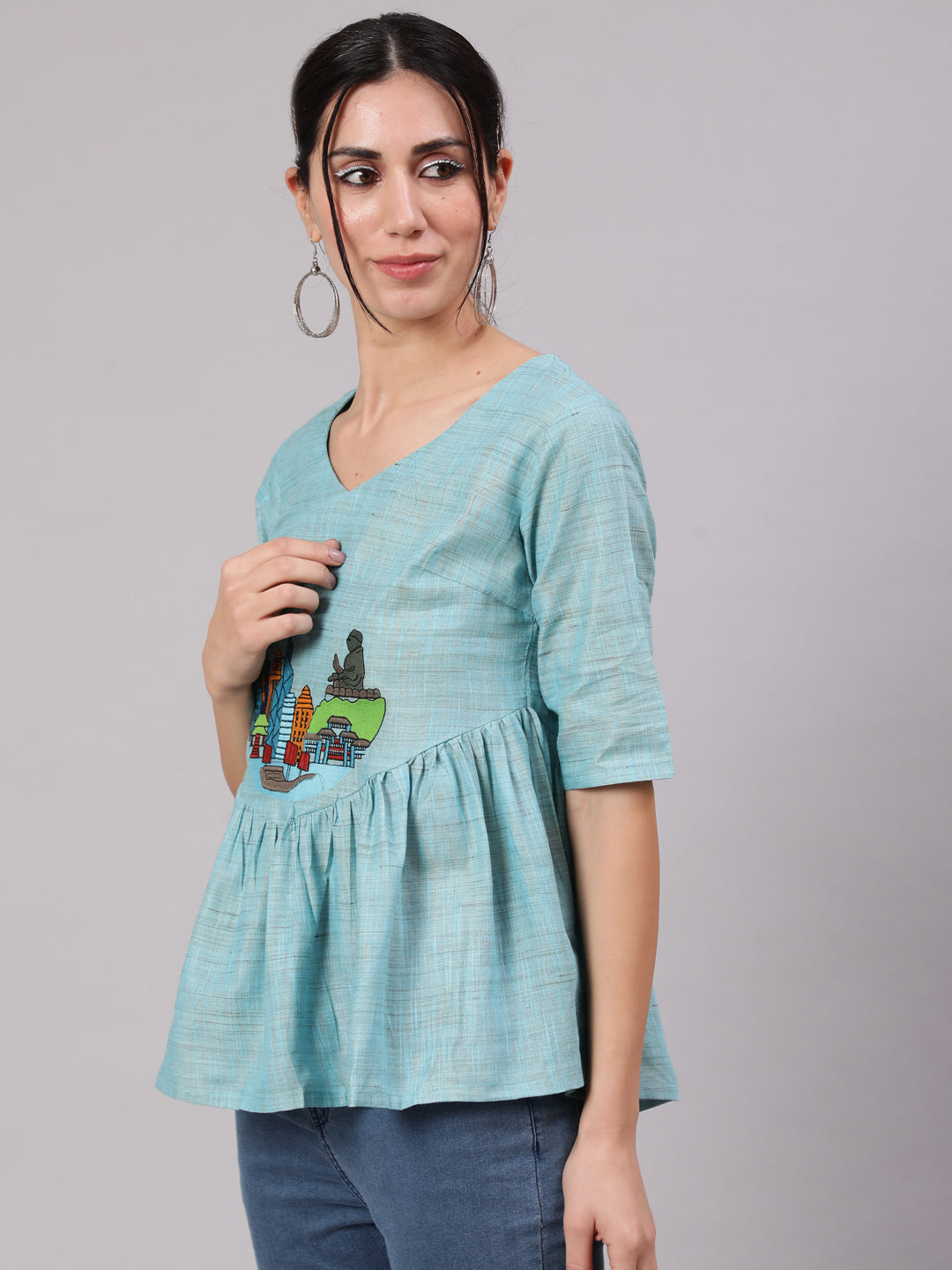 Blue Singapore Embroidered Tunic - Elganza