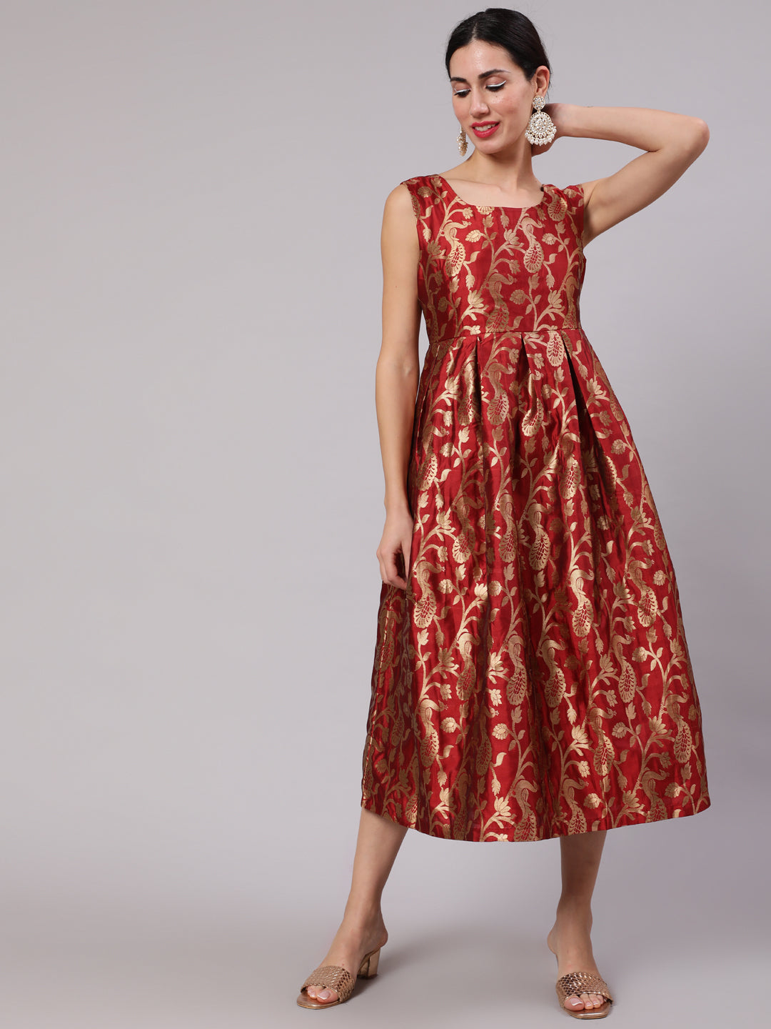 Maroon Jacquard Zari Work Wrap Dress - Elganza