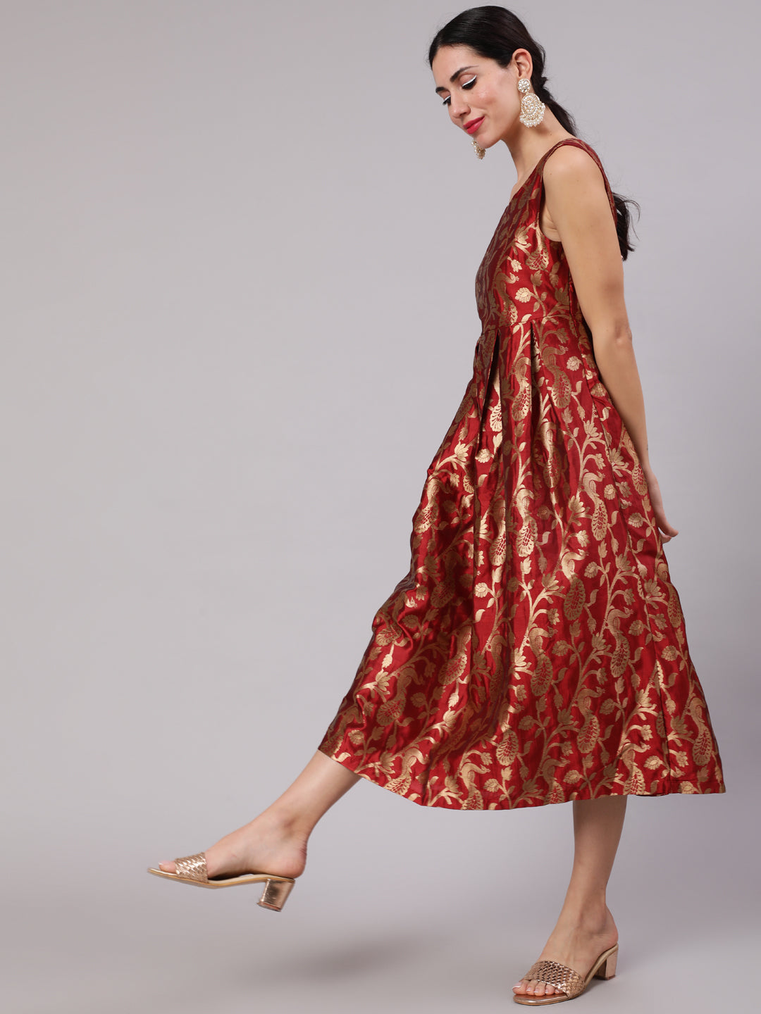 Maroon Jacquard Zari Work Wrap Dress - Elganza