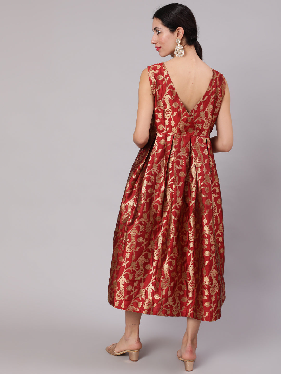 Maroon Jacquard Zari Work Wrap Dress - Elganza