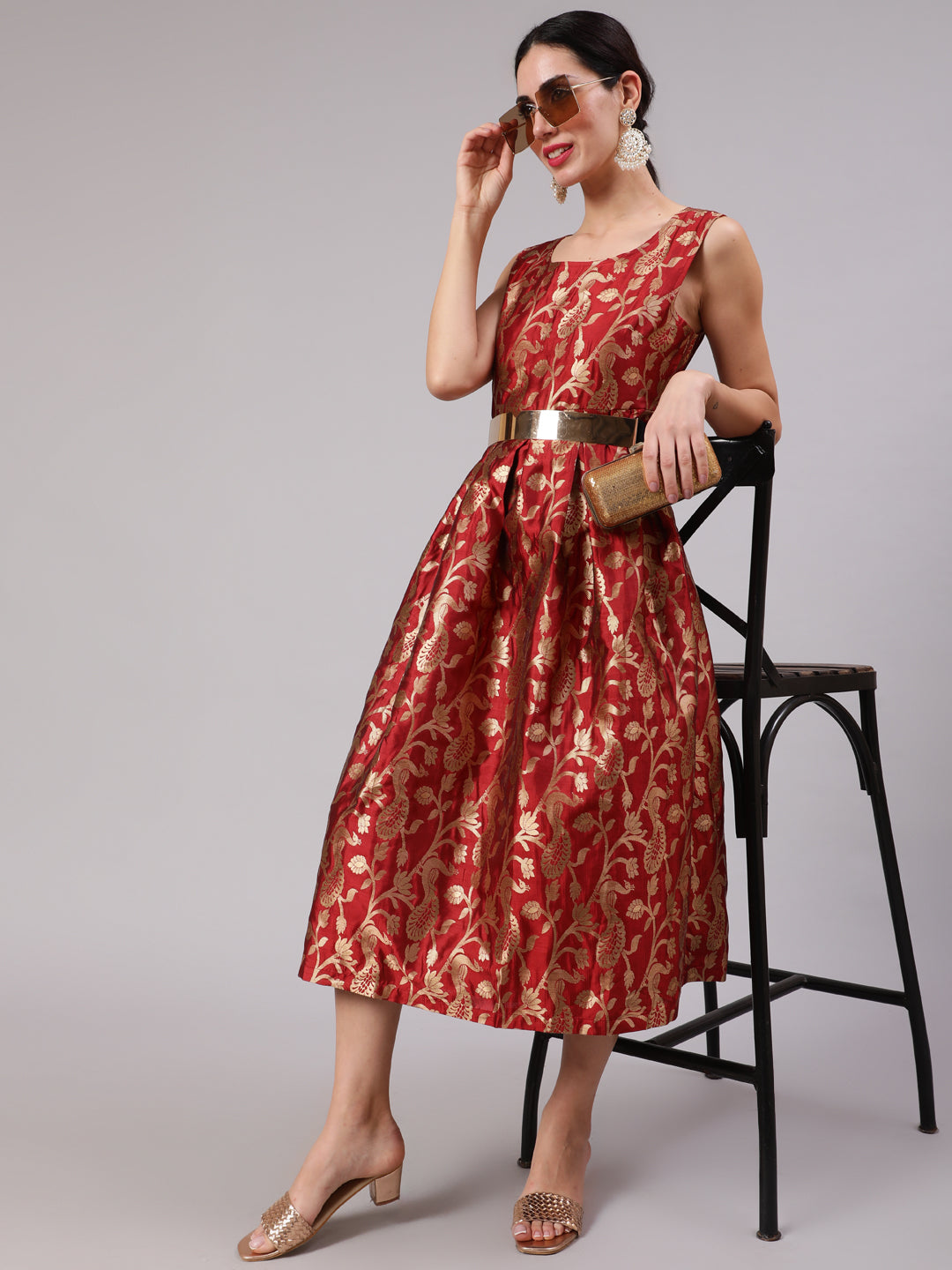 Maroon Jacquard Zari Work Wrap Dress - Elganza