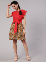 Mustard Kalamkari Floral Print Shift Dress With Red Tie-Up Top - Elganza