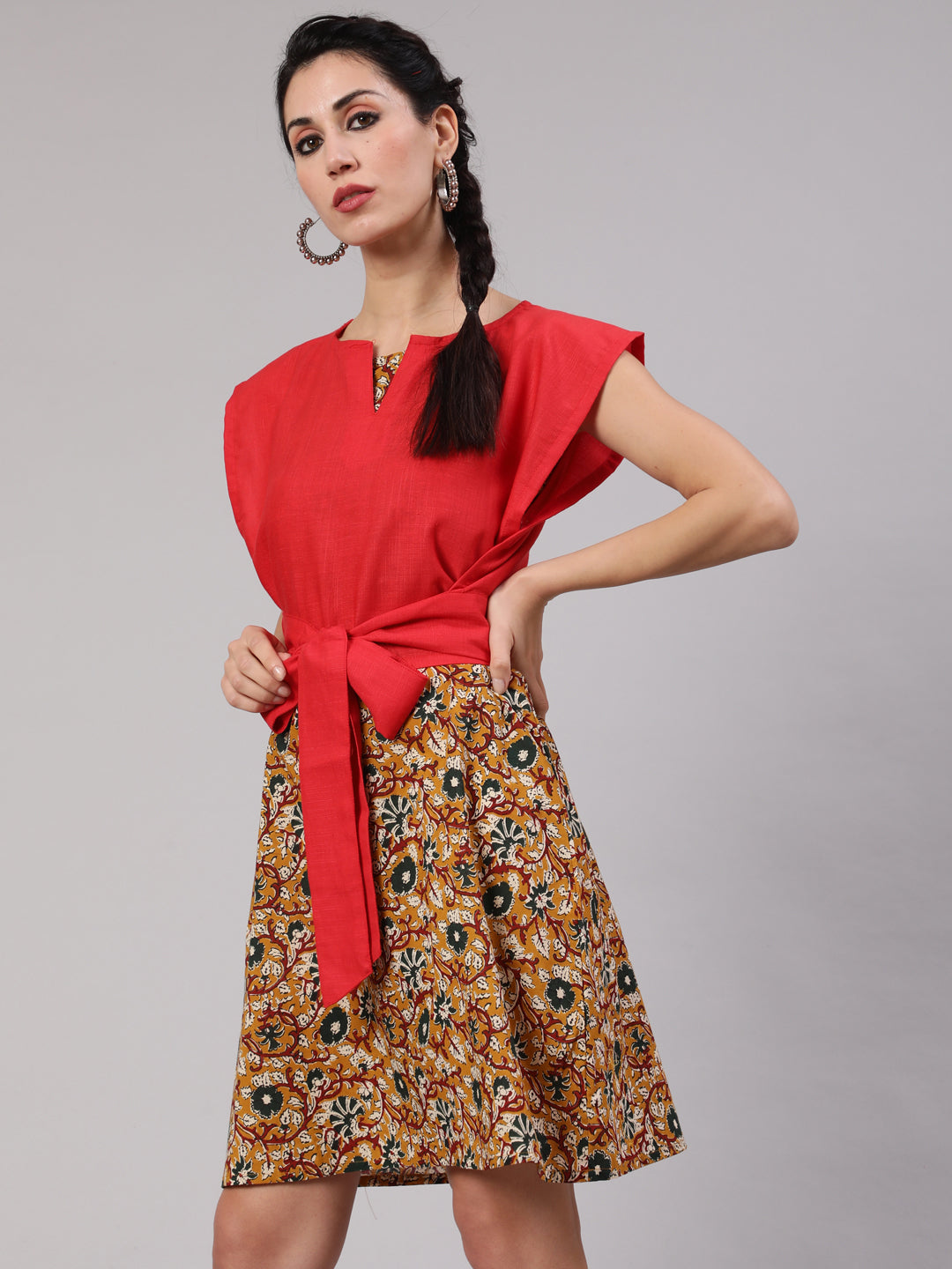 Mustard Kalamkari Floral Print Shift Dress With Red Tie-Up Top - Elganza