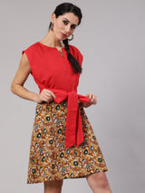 Mustard Kalamkari Floral Print Shift Dress With Red Tie-Up Top - Elganza