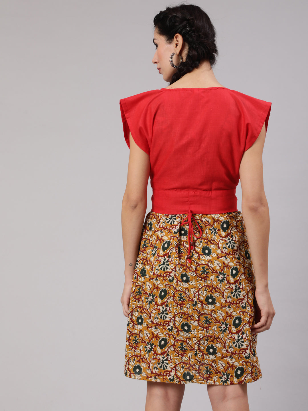 Mustard Kalamkari Floral Print Shift Dress With Red Tie-Up Top - Elganza