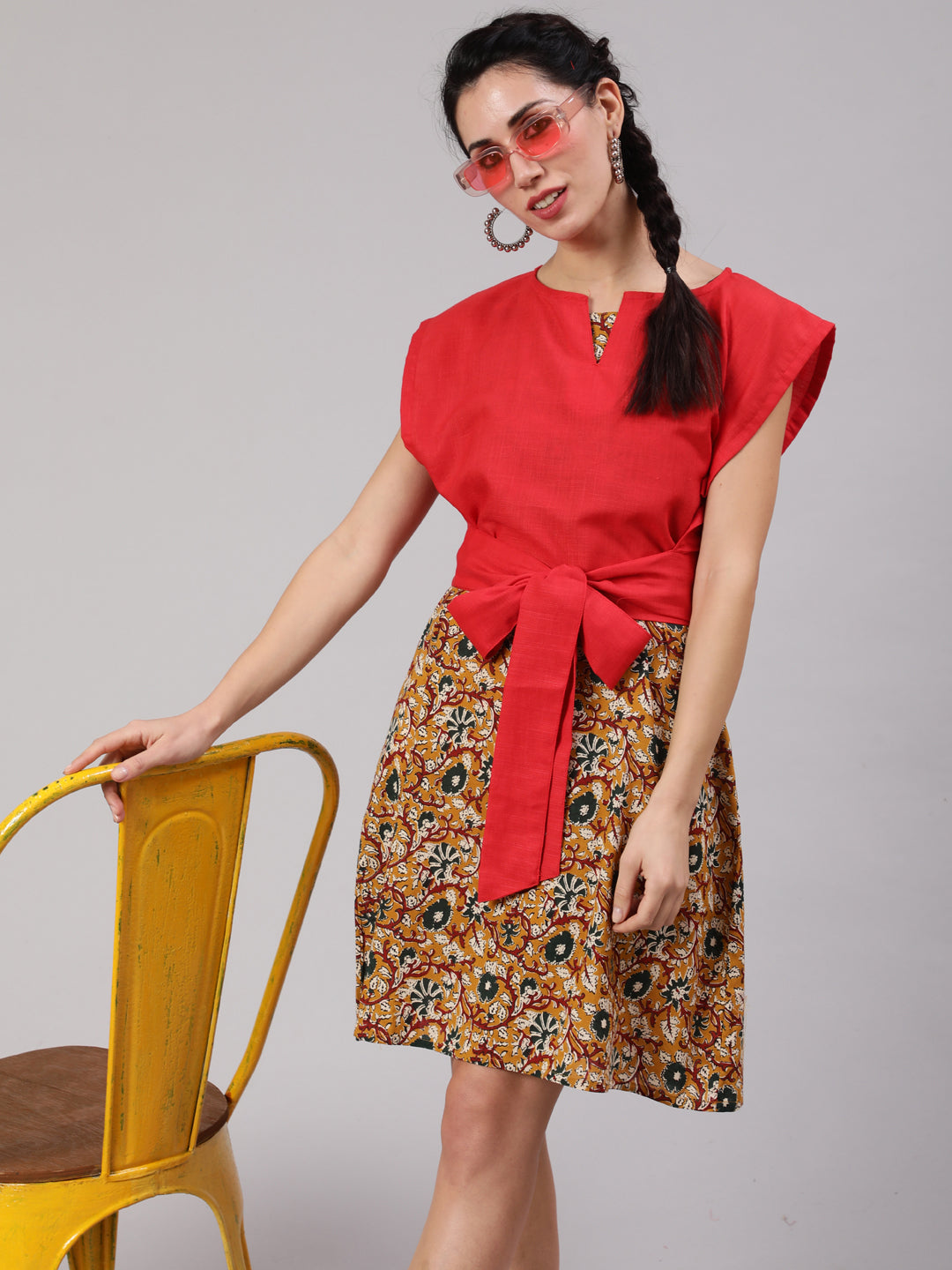 Mustard Kalamkari Floral Print Shift Dress With Red Tie-Up Top - Elganza