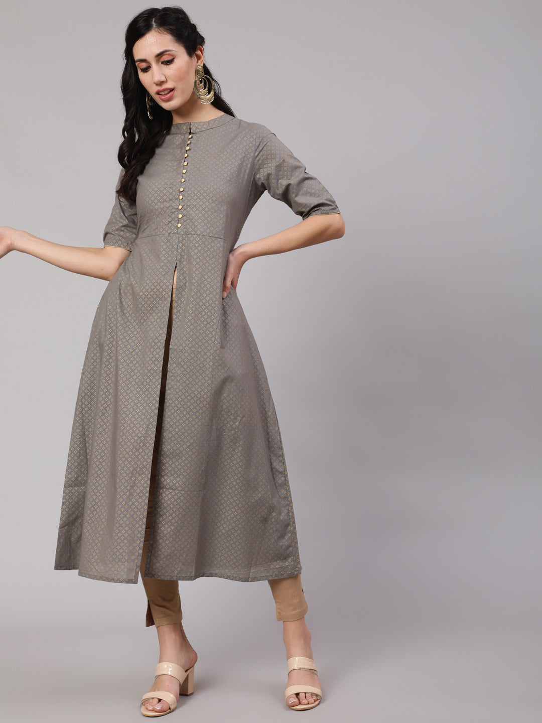 Grey Gold Print A-Line Kurta - Elganza