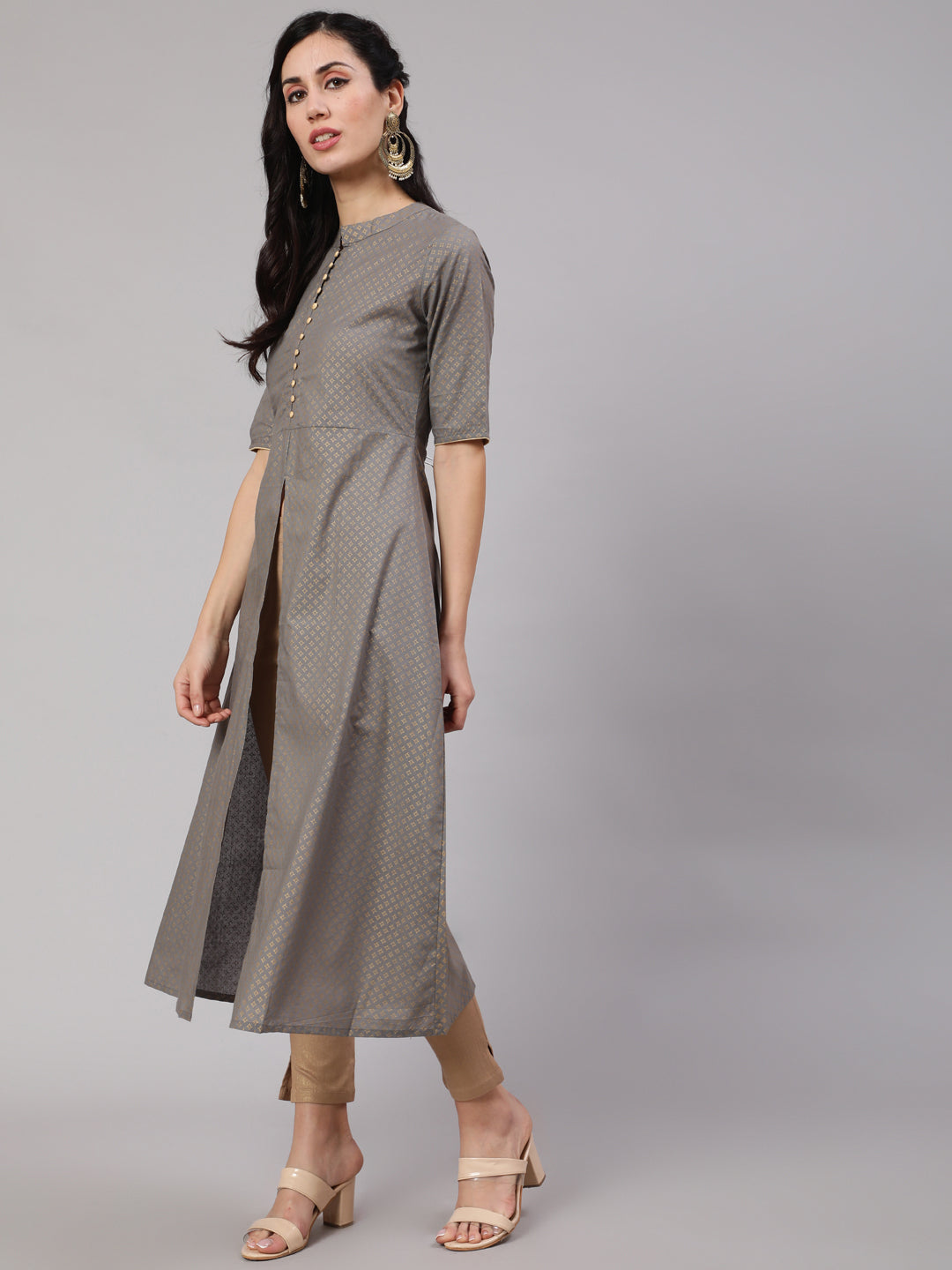 Grey Gold Print A-Line Kurta - Elganza