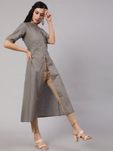 Grey Gold Print A-Line Kurta - Elganza