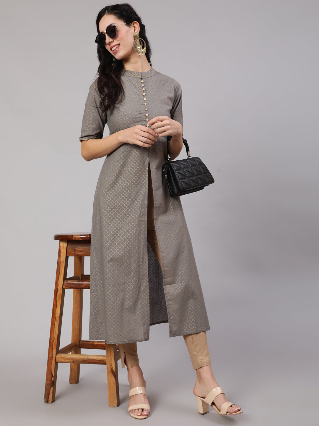 Grey Gold Print A-Line Kurta - Elganza