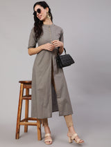 Grey Gold Print A-Line Kurta - Elganza