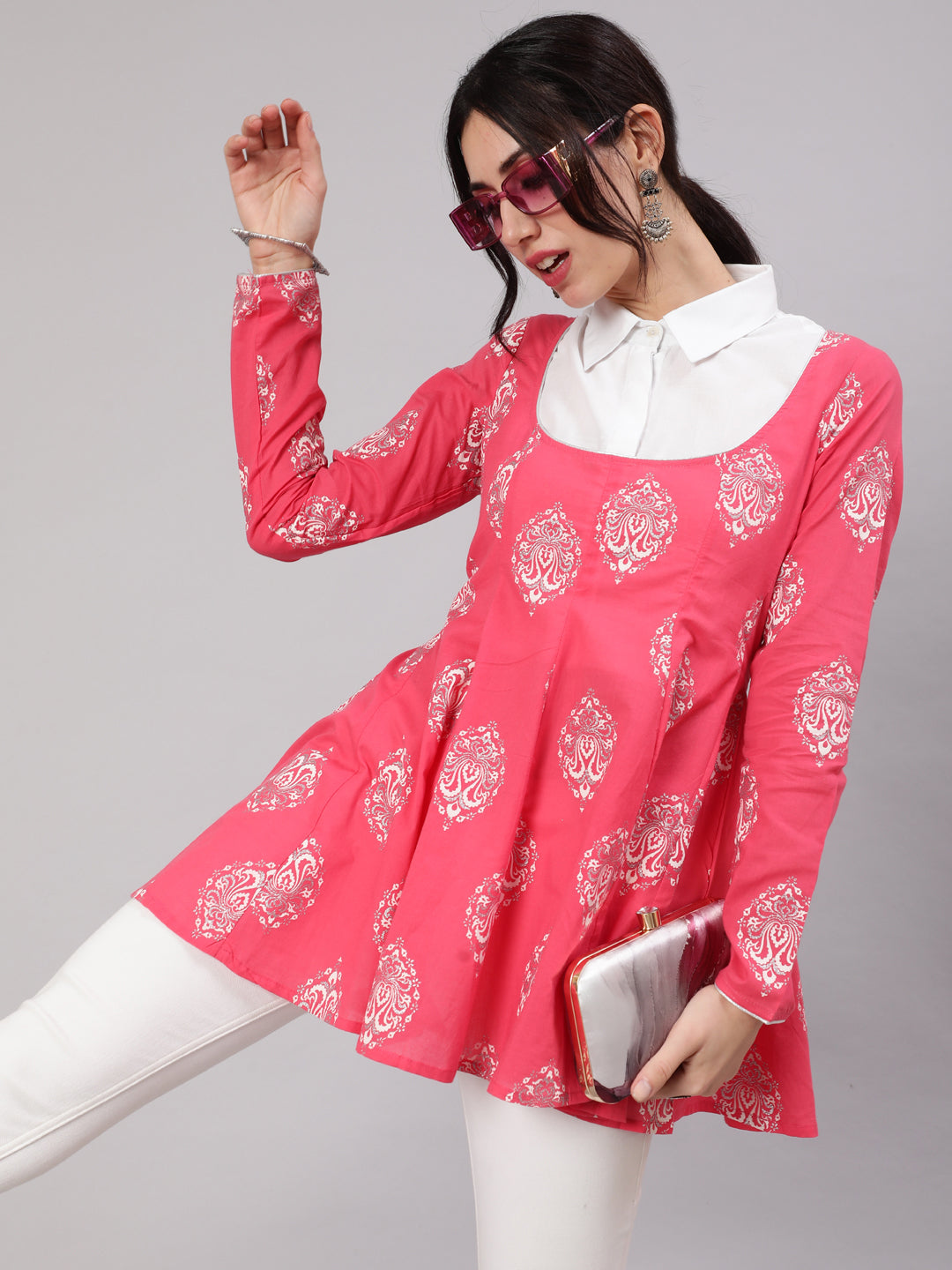 Pink & White Printed Tunic - Elganza
