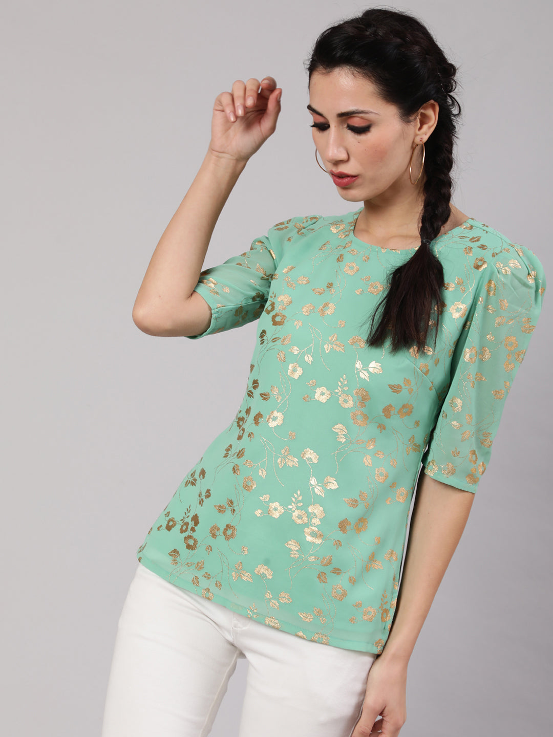 Sea Green Foil Print Top - Elganza