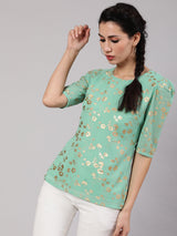 Sea Green Foil Print Top - Elganza