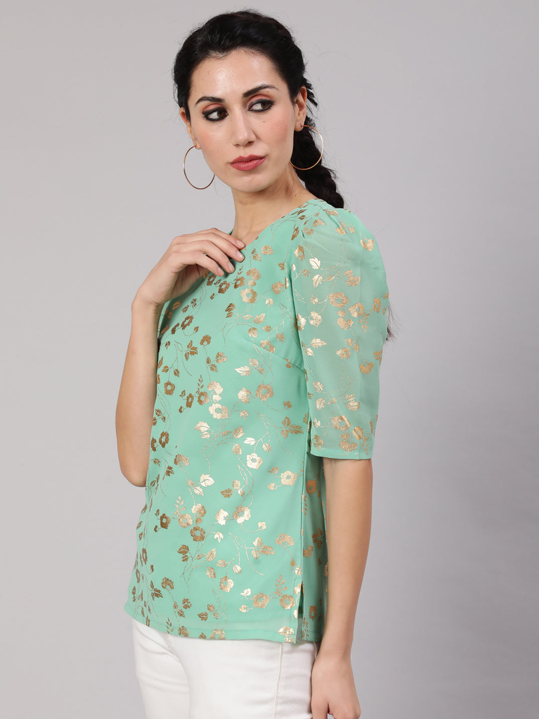 Sea Green Foil Print Top - Elganza