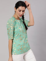 Sea Green Foil Print Top - Elganza