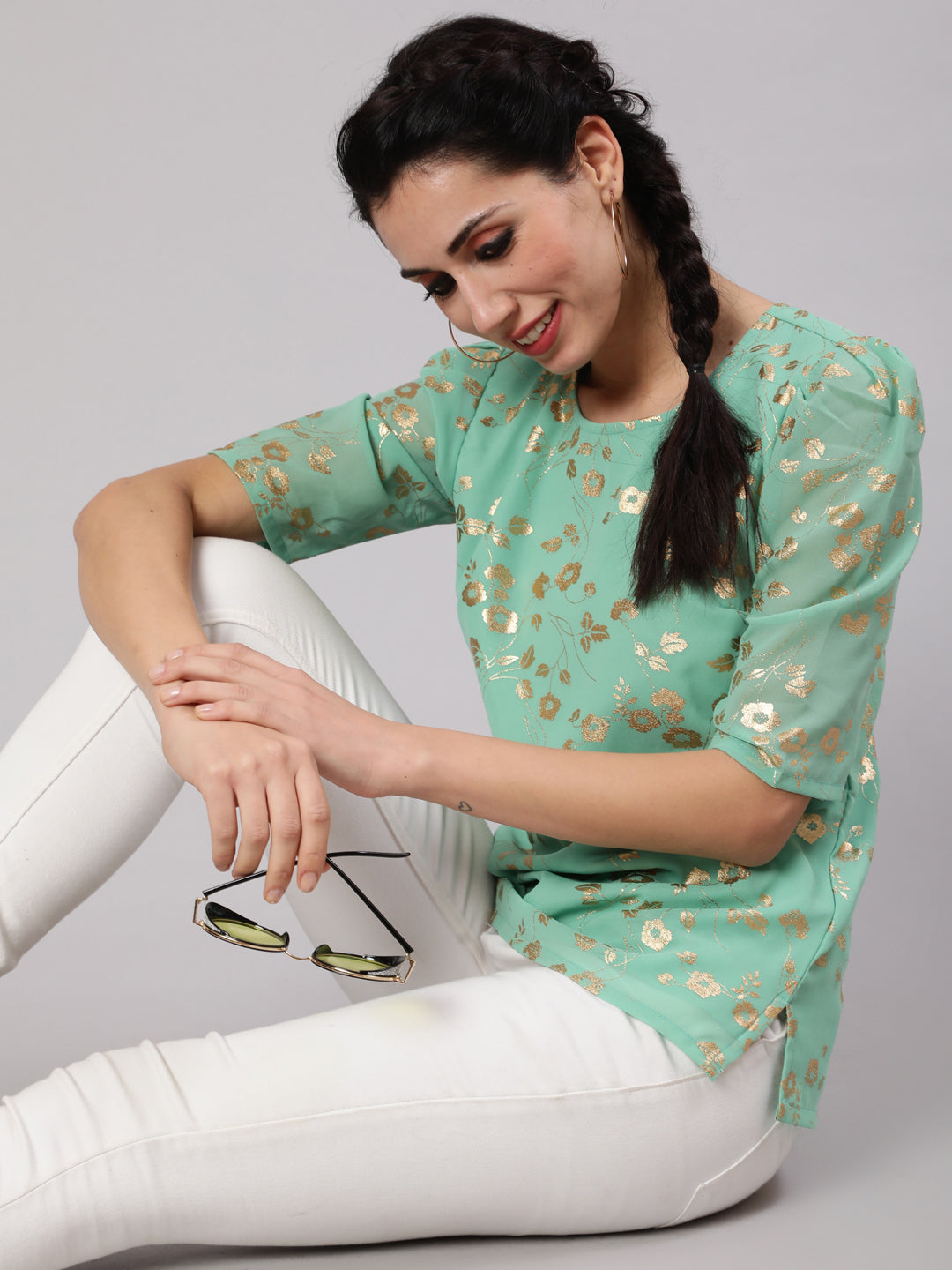 Sea Green Foil Print Top - Elganza