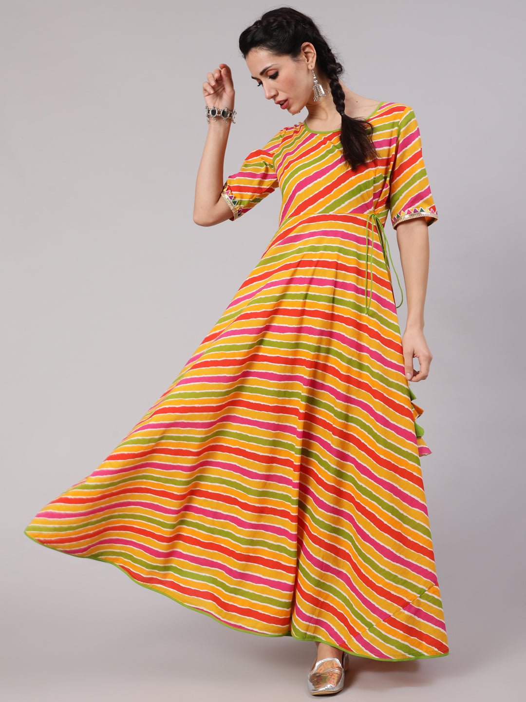 Multicolor Leheriya Print Maxi Dress - Elganza