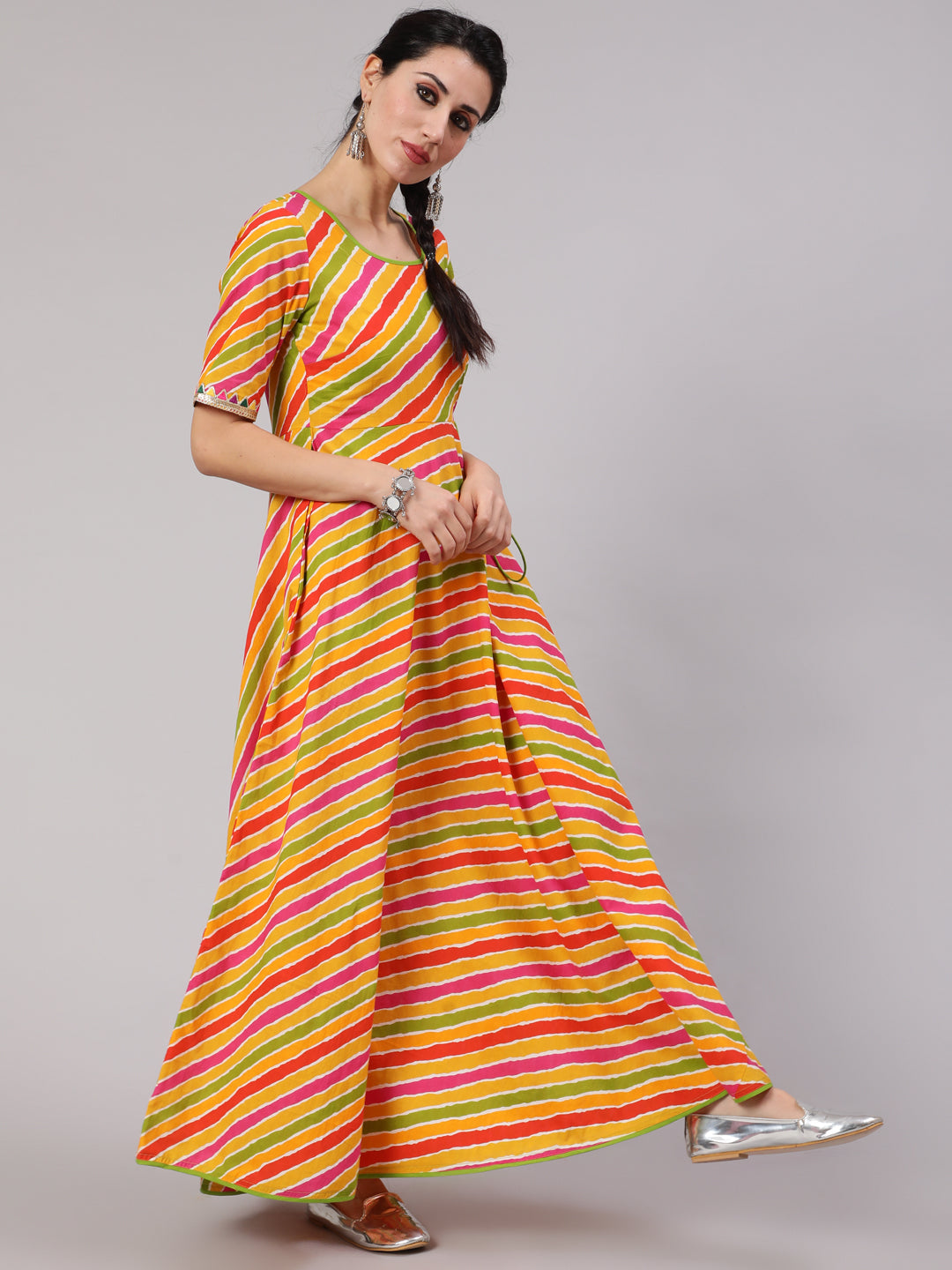 Multicolor Leheriya Print Maxi Dress - Elganza