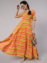 Multicolor Leheriya Print Maxi Dress - Elganza