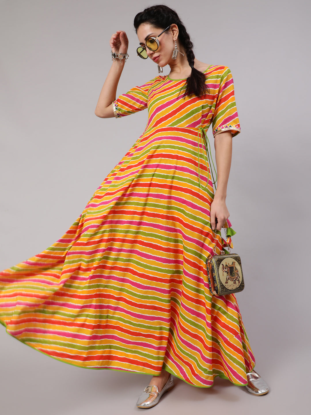 Multicolor Leheriya Print Maxi Dress - Elganza