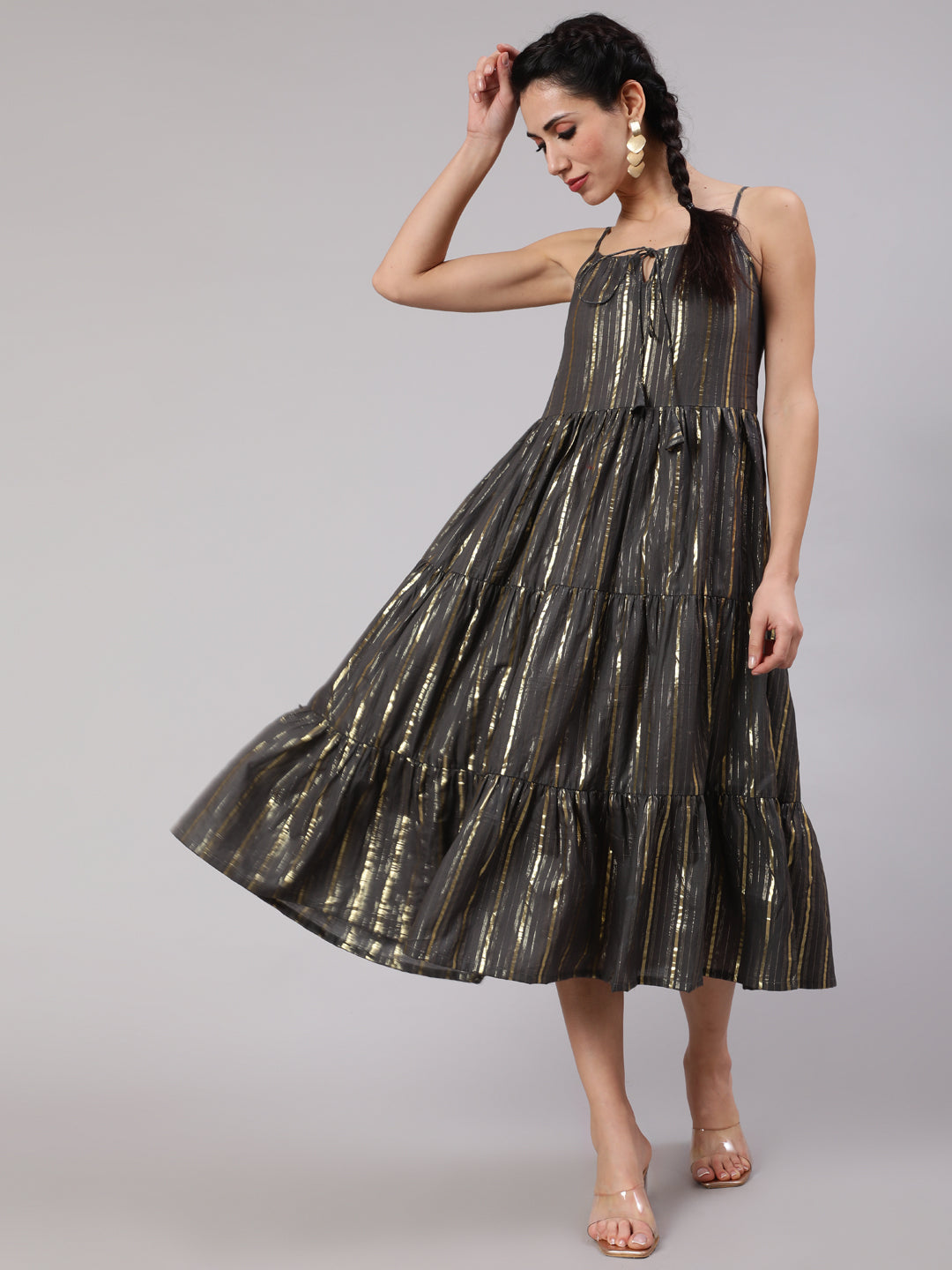 Grey Lurex Striped Tiered Dress - Elganza