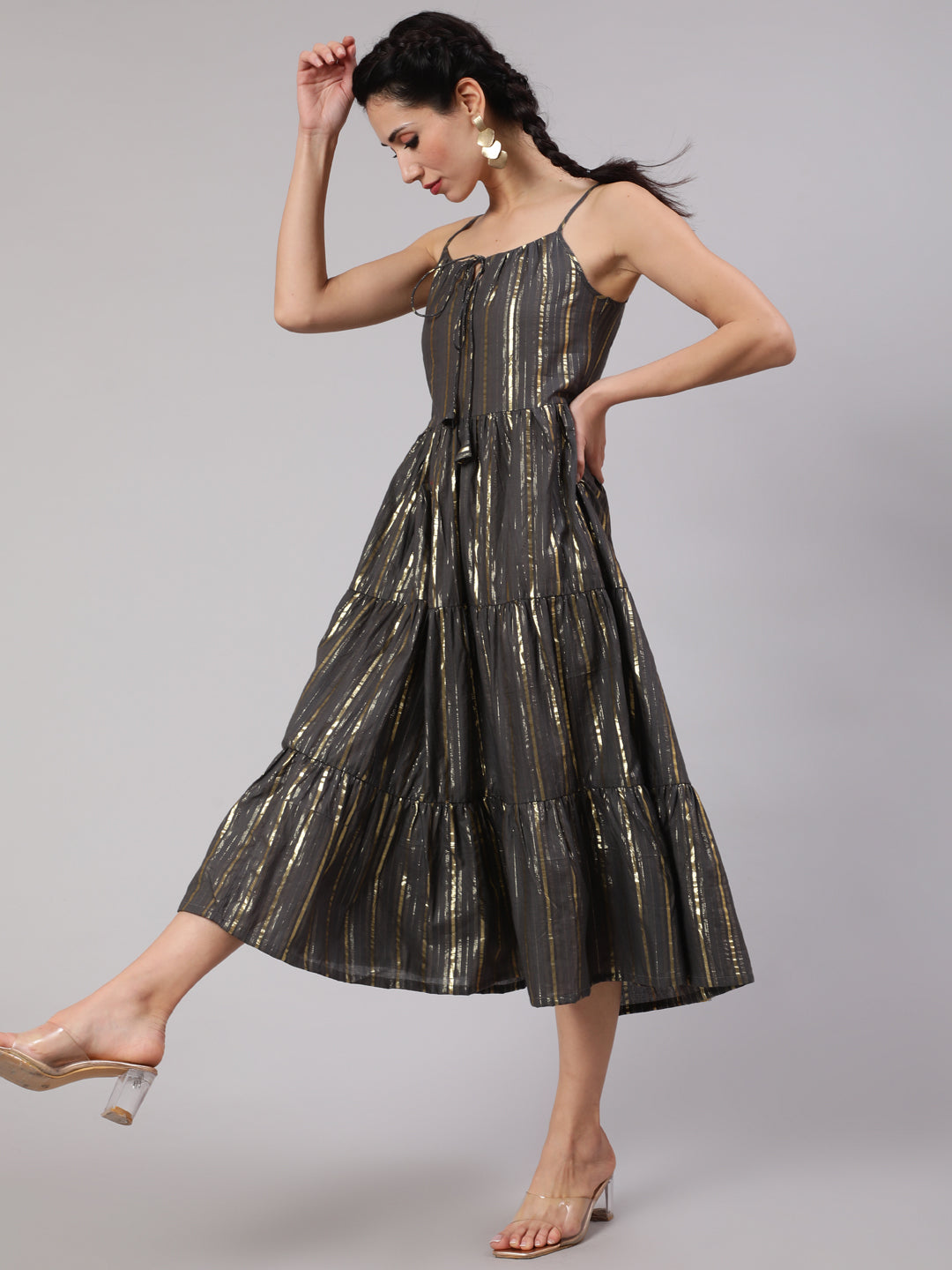 Grey Lurex Striped Tiered Dress - Elganza