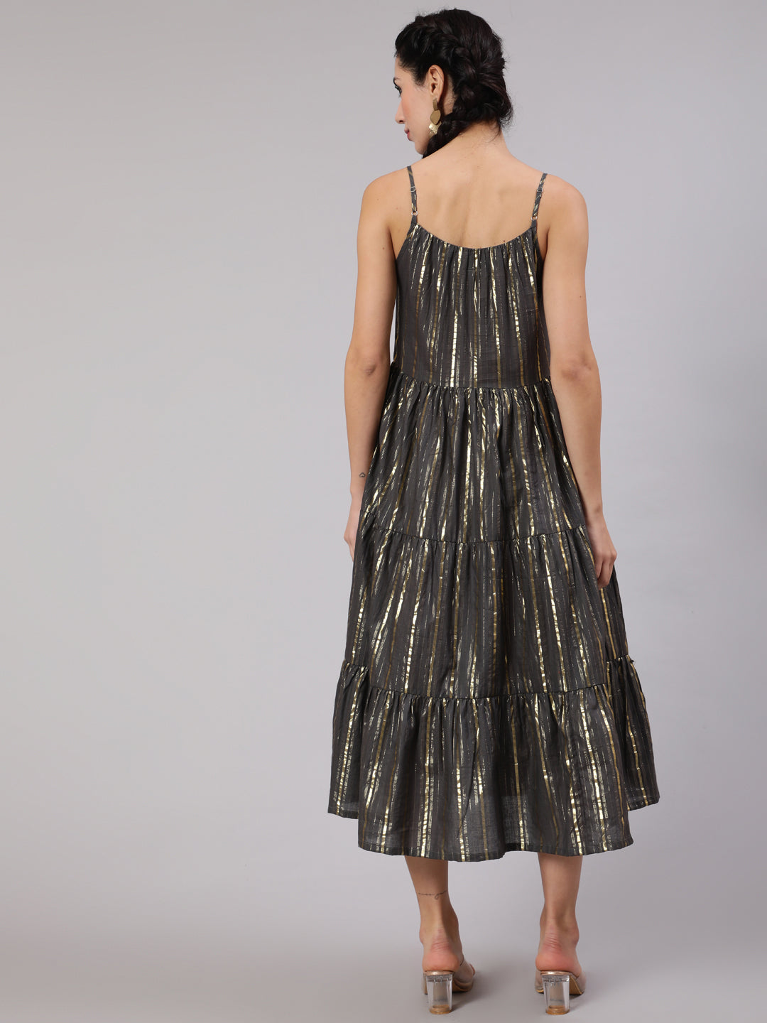Grey Lurex Striped Tiered Dress - Elganza
