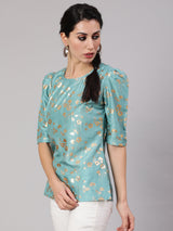 Blue Foil Print Top - Elganza
