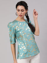 Blue Foil Print Top - Elganza