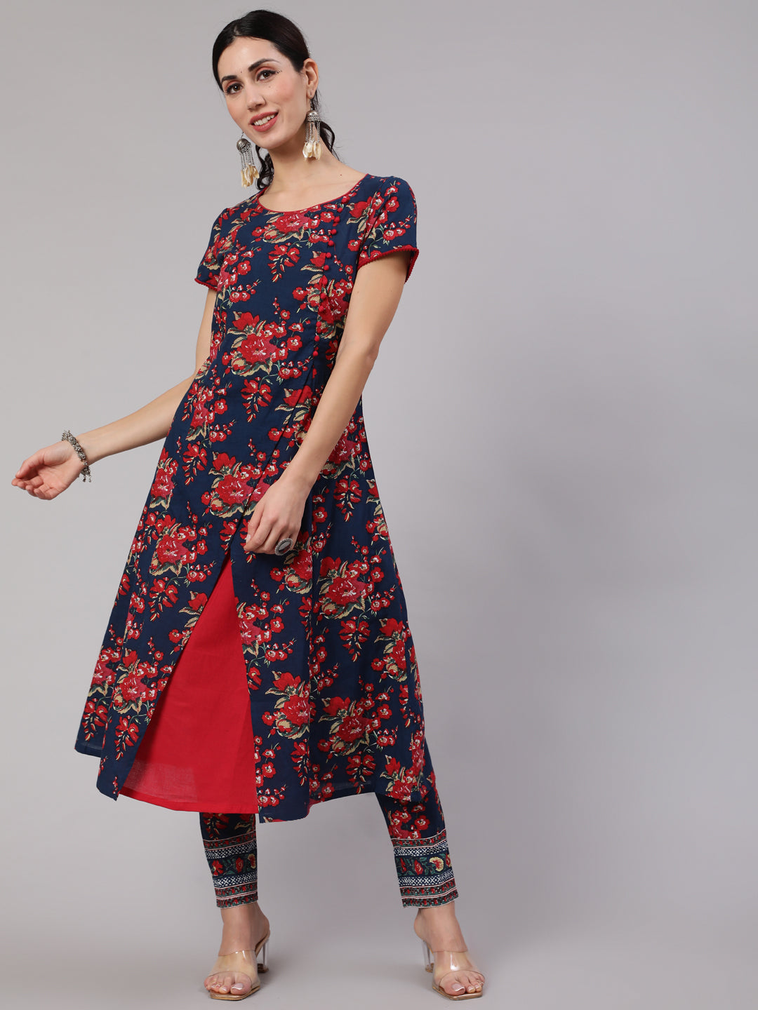 Navy Blue Floral Print Layered A-Line Kurta - Elganza