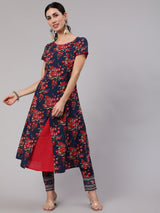 Navy Blue Floral Print Layered A-Line Kurta - Elganza