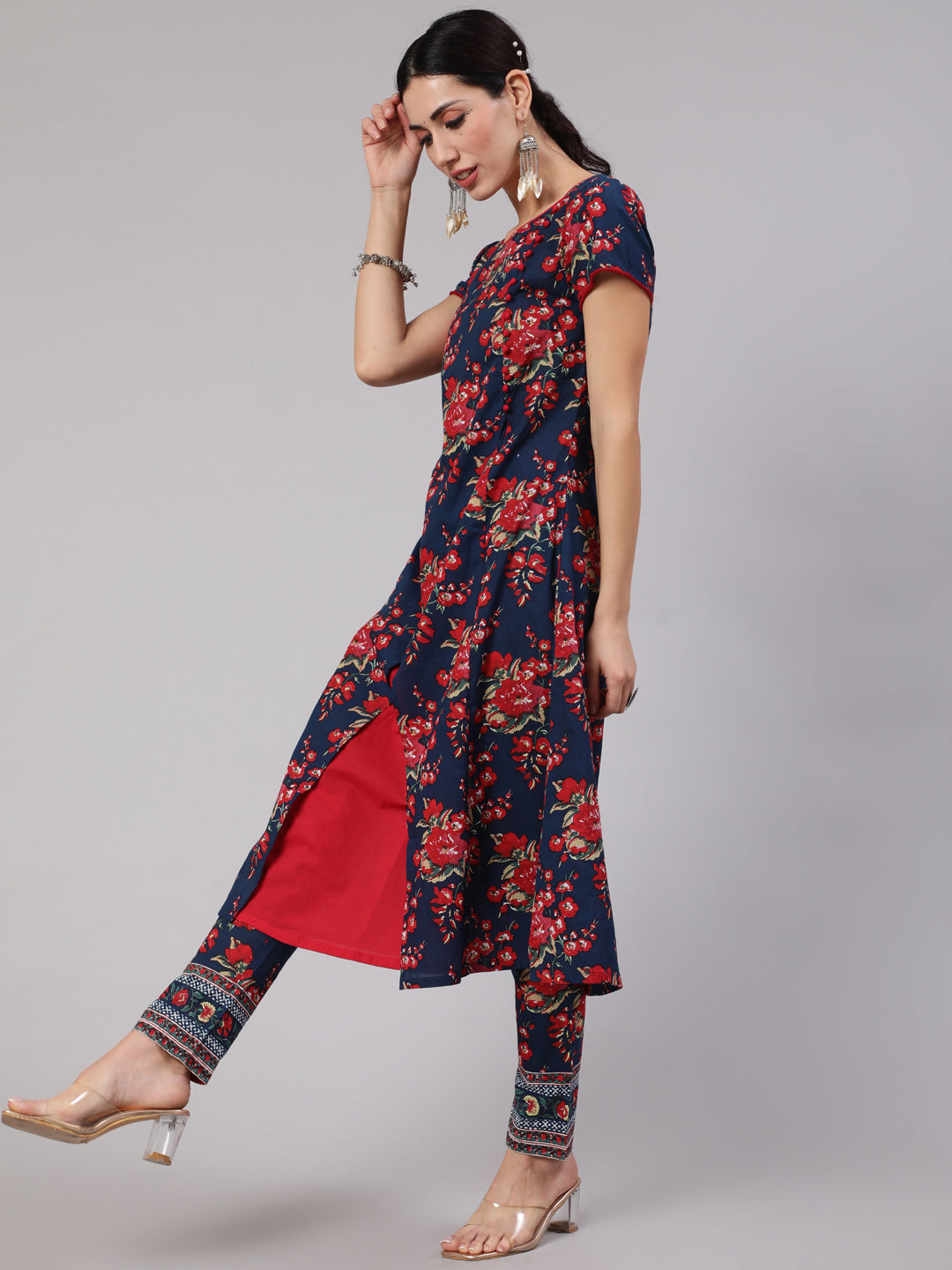 Navy Blue Floral Print Layered A-Line Kurta - Elganza
