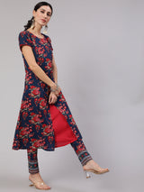 Navy Blue Floral Print Layered A-Line Kurta - Elganza