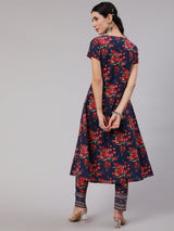 Navy Blue Floral Print Layered A-Line Kurta - Elganza