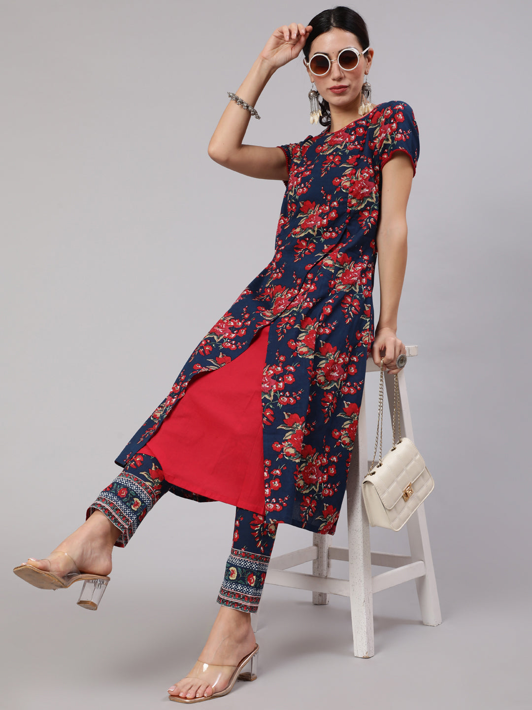 Navy Blue Floral Print Layered A-Line Kurta - Elganza