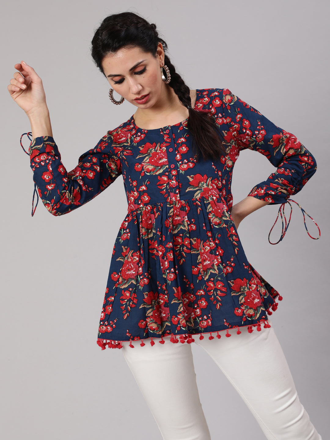Navy Blue Floral Printed Gathered Tunic - Elganza