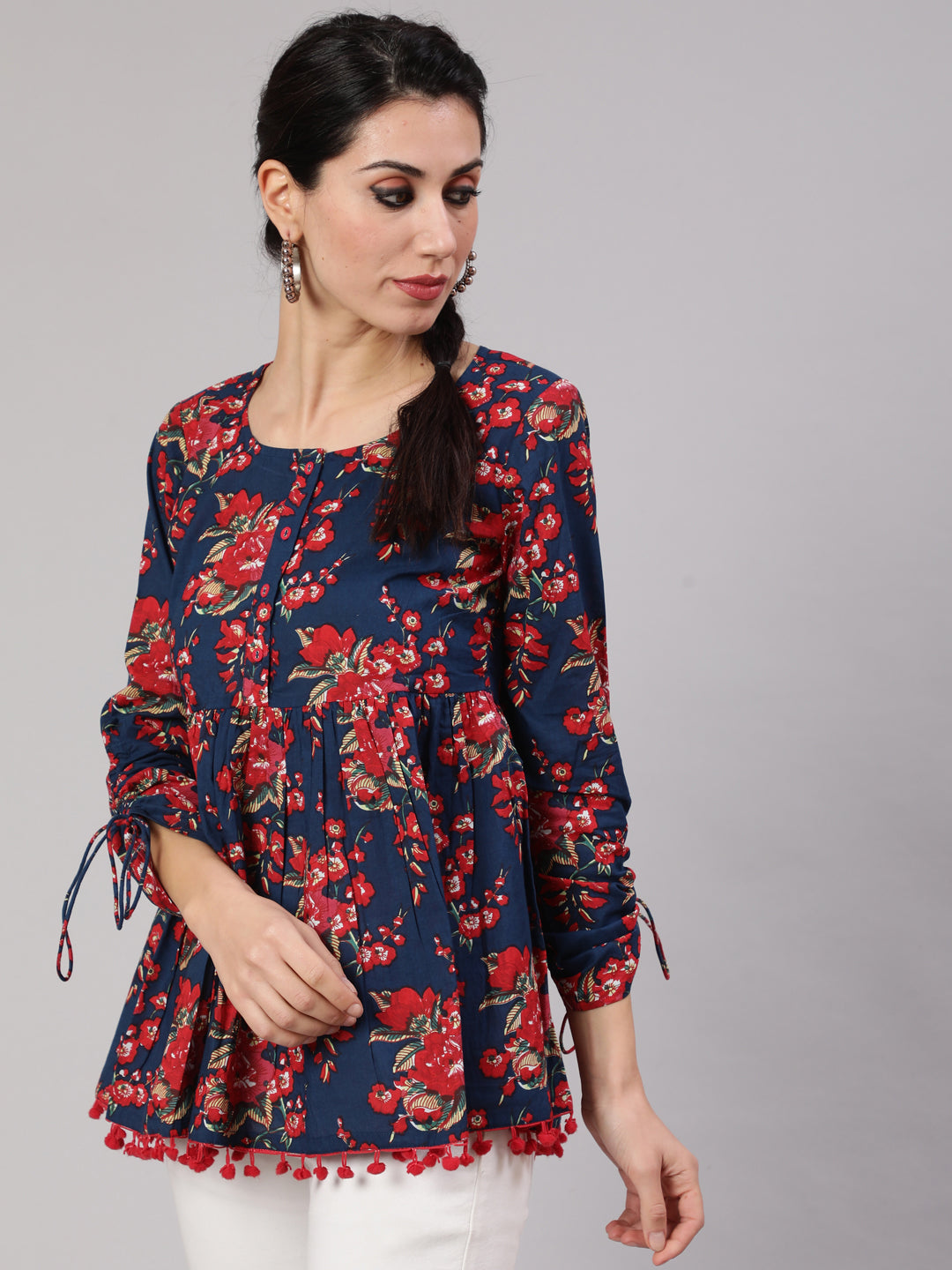 Navy Blue Floral Printed Gathered Tunic - Elganza