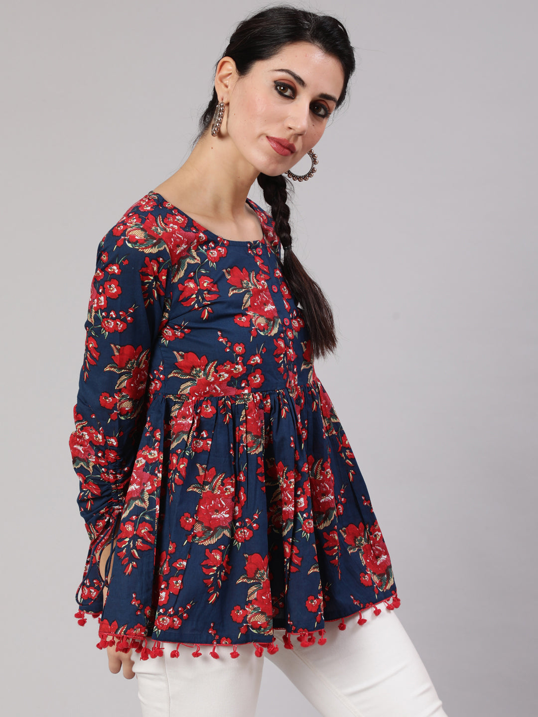 Navy Blue Floral Printed Gathered Tunic - Elganza