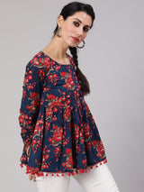Navy Blue Floral Printed Gathered Tunic - Elganza