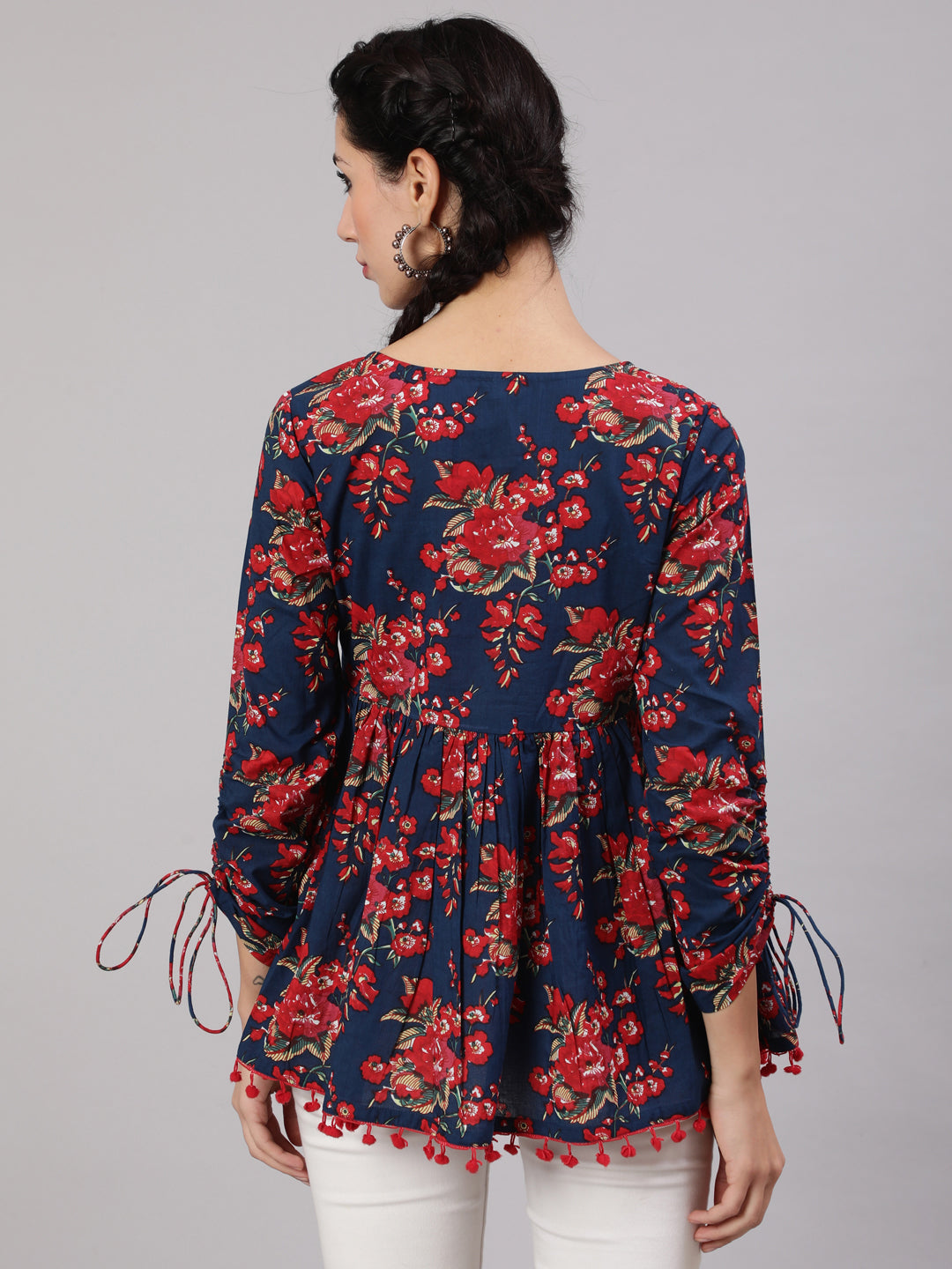 Navy Blue Floral Printed Gathered Tunic - Elganza