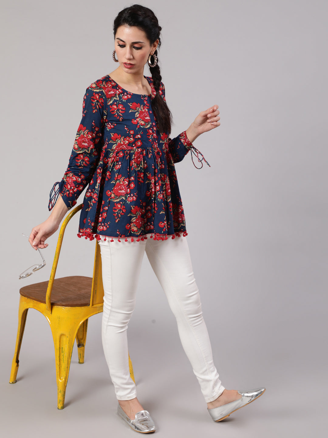 Navy Blue Floral Printed Gathered Tunic - Elganza