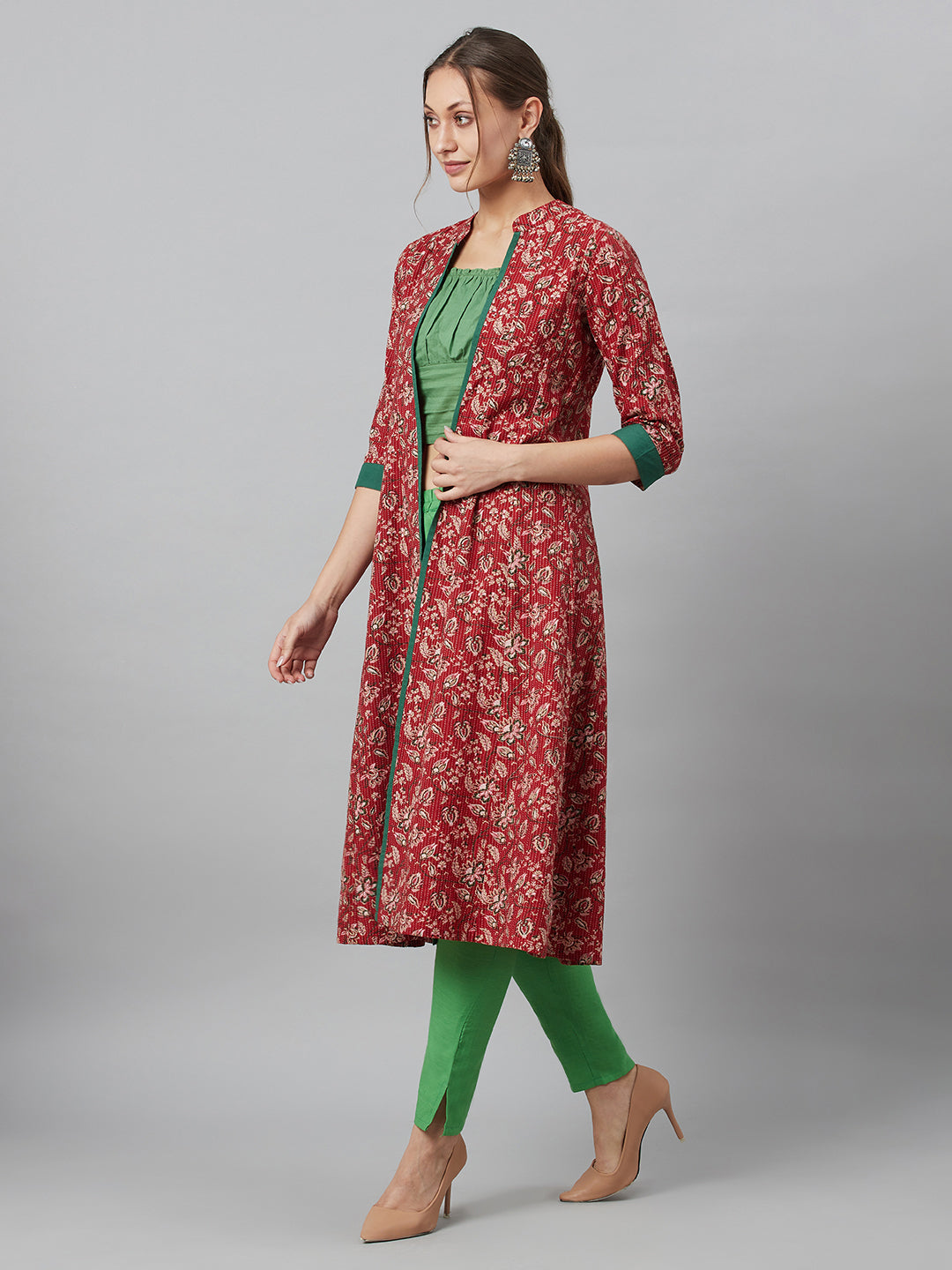 Maroon Floral Print Kantha Work A-Line Jacket - Elganza