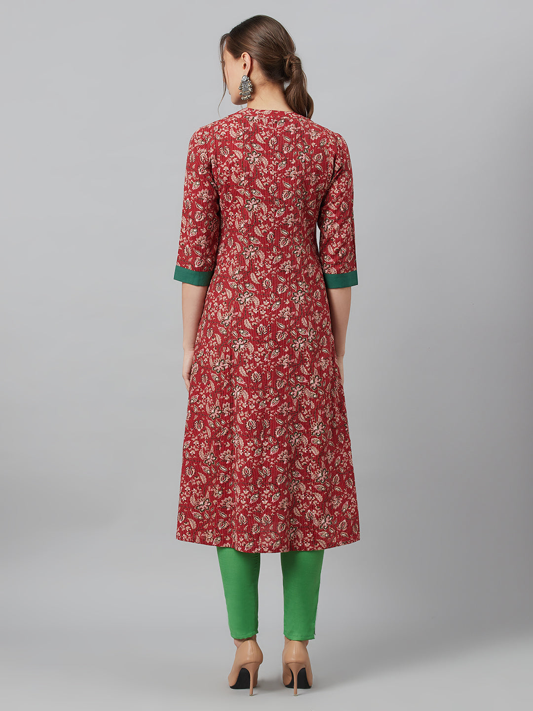 Maroon Floral Print Kantha Work A-Line Jacket - Elganza