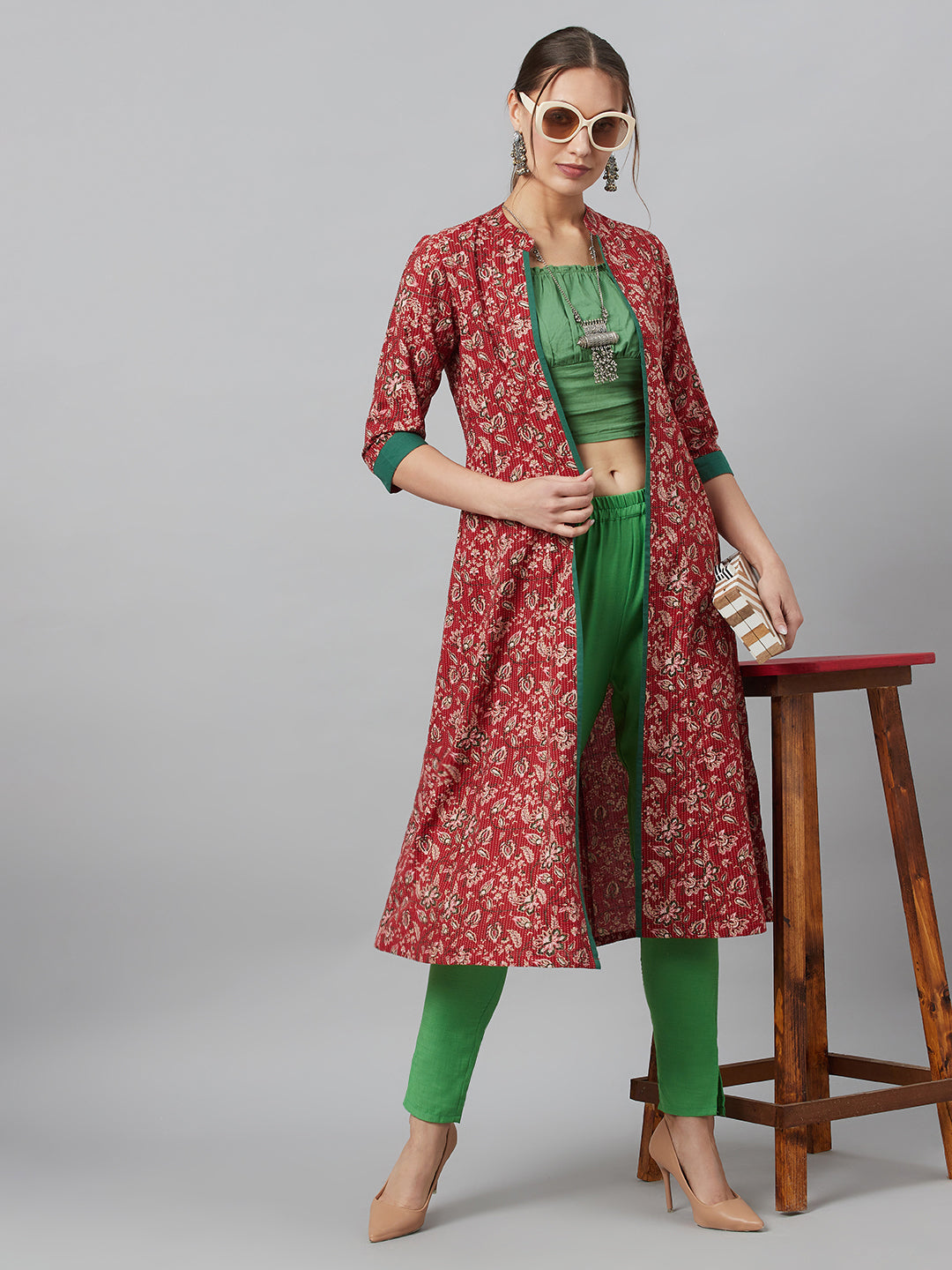 Maroon Floral Print Kantha Work A-Line Jacket - Elganza