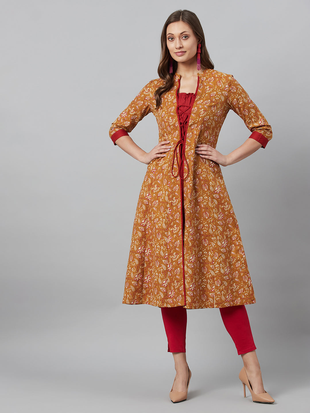 Mustard Floral Print Kantha Work A-Line Jacket - Elganza