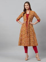 Mustard Floral Print Kantha Work A-Line Jacket - Elganza