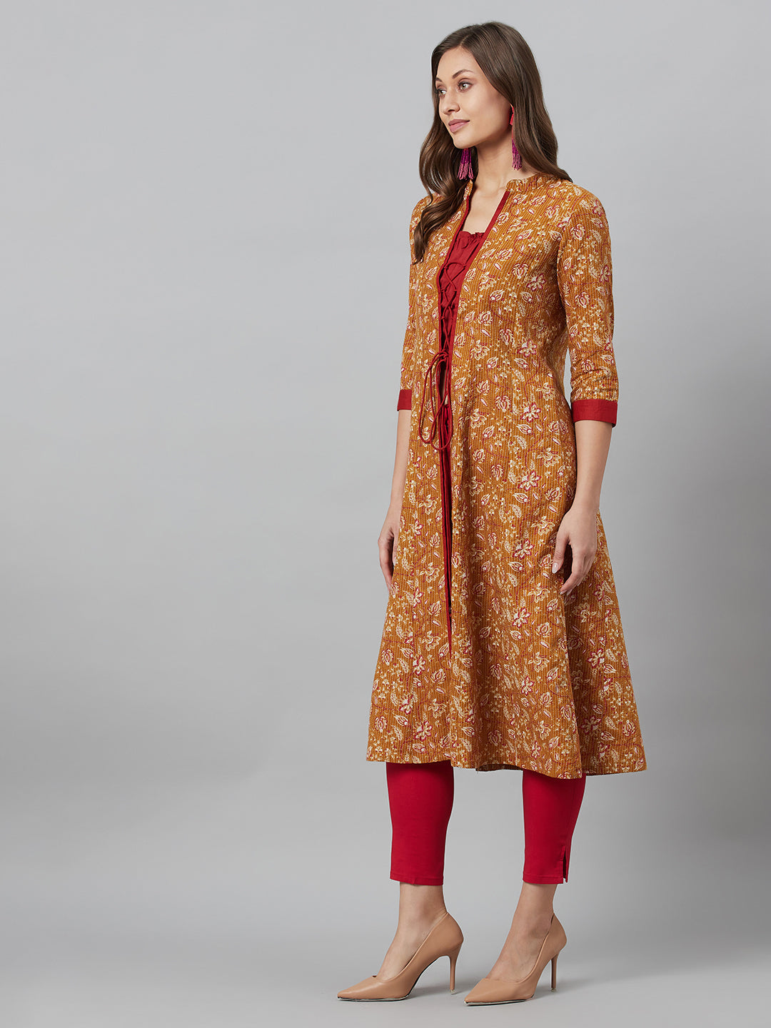 Mustard Floral Print Kantha Work A-Line Jacket - Elganza